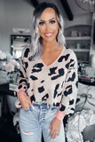 Contrast Trimmed V Neck Leopard Sweater