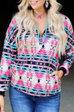 Multicolor Western Aztec Pattern Zipped Turn-down Collar Sweatshirt