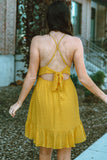 Yellow Lace Splicing Criss Cross Lace-up V Neck Cami Dress