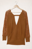 Sexy V Neck Surplice Hollow-out Sweater with Lace Sleeves