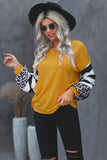 V Neck Leopard Stripe Splice Lantern Sleeve Top