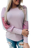 Tribal Pattern Patchwork Waffle Knit Long Sleeve Top