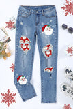 Sky Blue Christmas Santa Clause Pattern Distressed Jeans