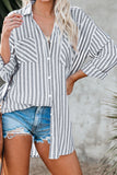 Stripe Linen Dropped Sleeve Button Blouse with Pocket
