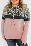 Leopard Patchwork Drawstring Plus Size Hoodie With Pocket