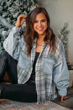 Sky Blue Plaid Patchwork Fringed Flap Pockets Denim Jacket