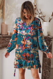 Abstract Print Ruffled Drawstring High Waist Mini Dress