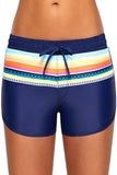 Striped Print Accent Navy Blue Drawstring Board Shorts