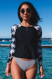 Leaf Stripe Print Round Neck Long Sleeve Surfing Swimsuit