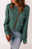 Green Contrast Stitching Trim Waffle Knit Pullover
