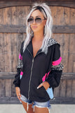 Leopard Color Block Pockets Zip-up Hooded Jacket
