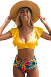 Floral Ruffled Hem High Waist Bikini Set