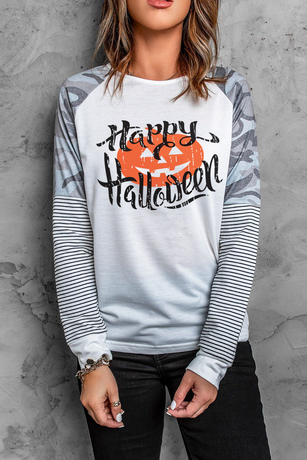 Happy Halloween Pumpkin Camo Stripe Long Sleeve Top