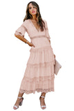 Swiss Dot Print See-through Lace Patch Layered Long Dress