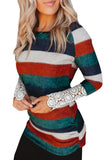 Orange Green Striped Lace Splicing Long Sleeve Top