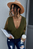Sexy V Neck Surplice Hollow-out Sweater with Lace Sleeves