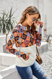Boho Print Color Block Patchwork Zip Collar Sweatshirt