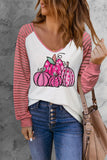 Pumpkin Print Sheer Striped Long Sleeve Top