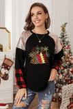 Christmas Tree Graphic Sequin Plaid Long Sleeve Top