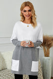 Khaki Colorblock Casual Long Sleeve Tunic with Pockets