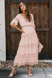 Swiss Dot Print See-through Lace Patch Layered Long Dress