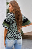Olive Green Leopard Ruffled Sleeves Top