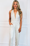 Deep V Neck Sleeveless Open Back Sequin Jumpsuit