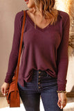 V Neck Waffle Knit Long Sleeve Top