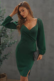 Wrapped Bodice Bubble Sleeve Bodycon Mini Dress with Slit
