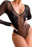Lace See-through Sheer Long Sleeve V Neck Bodysuit