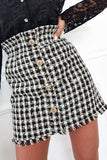 Button Decor Tweed Plaid Fringe Hem Skirt