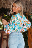Sky Blue Floral Print Wrap Long Sleeve Bodysuit