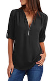 Casual V Neck Zip up Half Sleeve Blouse