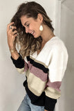 Khaki Casual Color-Block Striped Long Sleeve V Neck Sweater