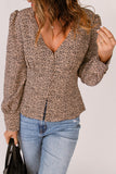 V Neck Puff Sleeve Buttons Leopard Print Shirt