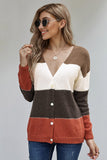 Multicolor V Neck Buttoned Closure Colorblock Sweater Cardigan