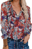 Printed Long Sleeve V-Neck Drawstring Shirt