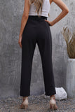 Black Casual Paperbag Waist Straight Leg Pants with Belt