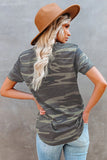 Camouflage Print V Neck Tee with Pocket