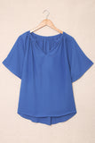 Blue Split Neck Pleated Loose Blouse