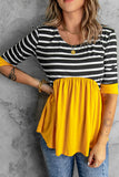 Striped Ruffled Three Quarter Sleeve O-Neck Blouse