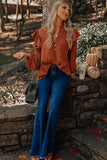 Ruffled Pleated Buttoned V Neck Blouse