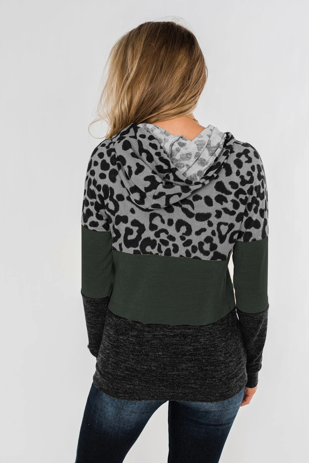 Leopard Print Color Block Drawstring Hoodie