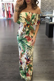 Turquoise Roses Print Off-the-shoulder Maxi Dress