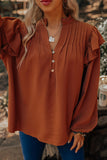 Ruffled Pleated Buttoned V Neck Blouse