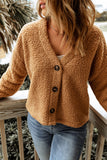 Brown Casual V Neck Button Up Teddy Jacket