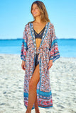 Multicolor Boho Floral Open Front Kimono with Tie