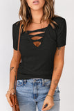 Black Strappy Hollow-out Neck Rib Knit T Shirt