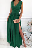 Crochet V Neck Sleeveless Ruched High Waist Maxi Dress