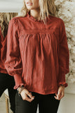 Ruffled Neckline Ruched Long Sleeve Crinkle Top